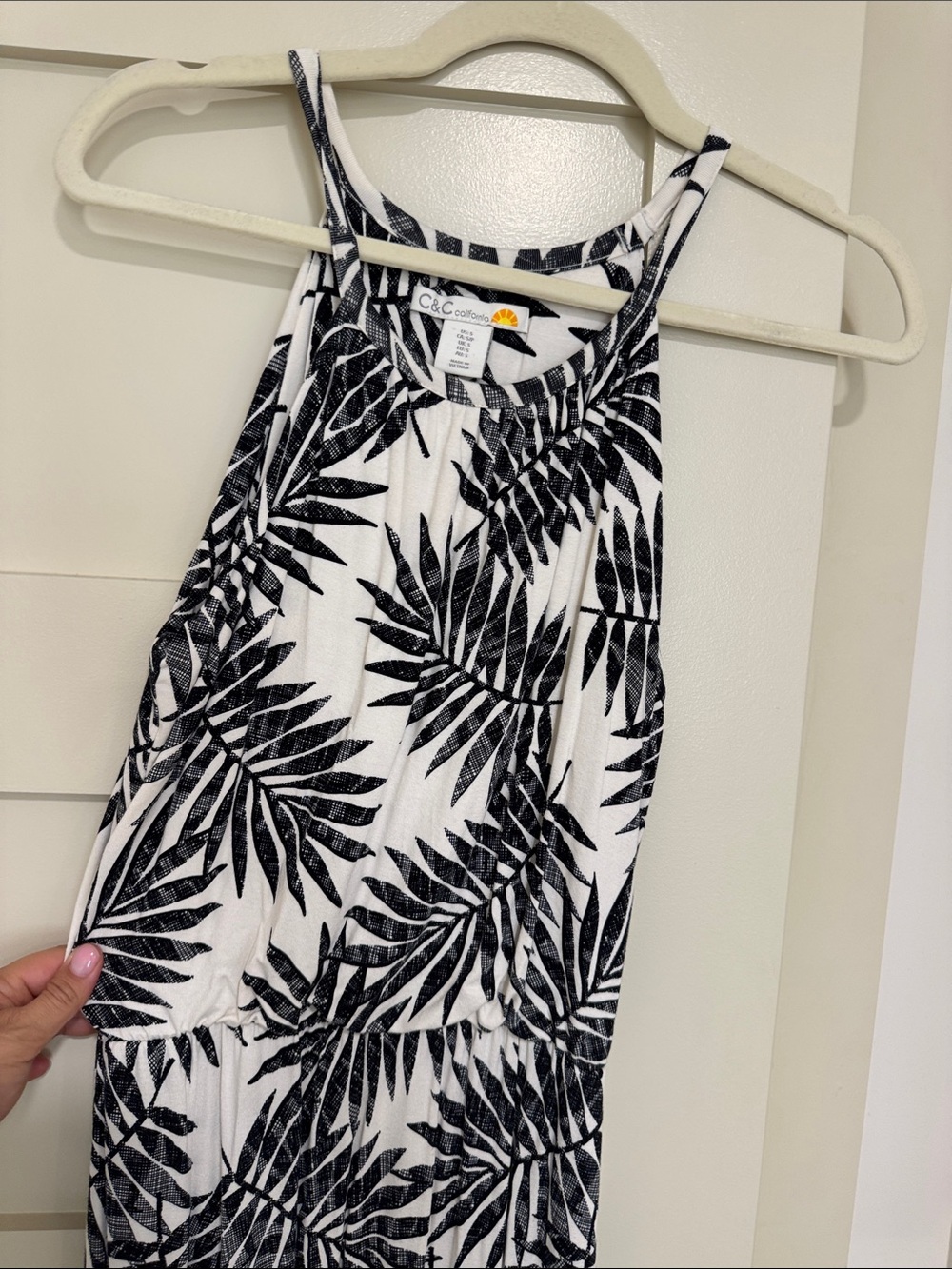 C&C California White Dress with Black Tropical Leaf Print